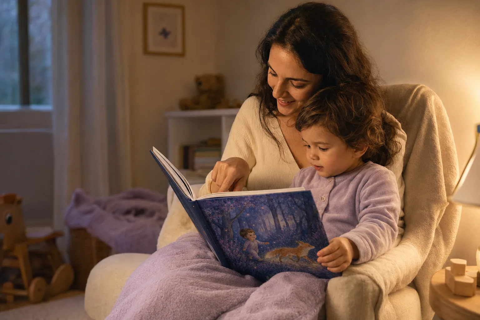 Une maman lit le livre personnalisé à son enfant blotti contre elle dans un fauteuil, à la lumière douce du soir.