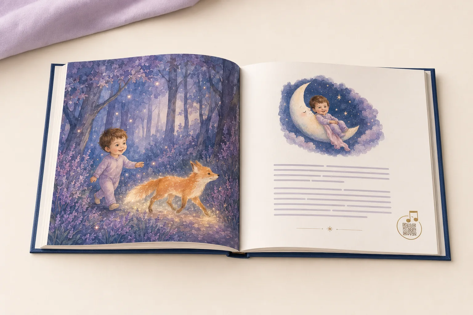 Livre ouvert sur une double page : à gauche l'enfant illustré marche dans une forêt violette avec un renard lumineux, à droite le texte de l'histoire et le QR code doré de la berceuse.